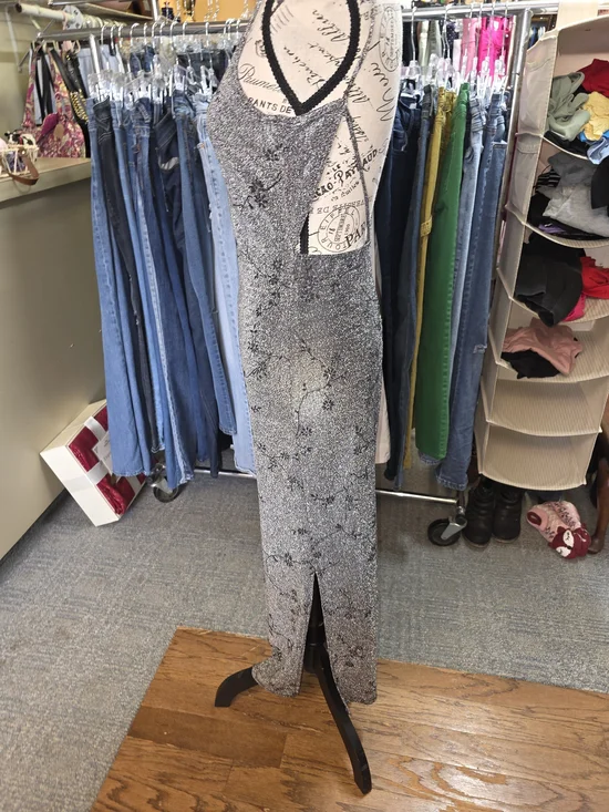 Vintage Y2K Rocket Candy Silver Sparkle Slip Prom Dress Black Floral Pattern - Picture 5 of 11